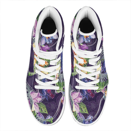 Colorful Watercolor Cattleya Print High Top Leather Sneakers