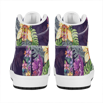 Colorful Watercolor Cattleya Print High Top Leather Sneakers