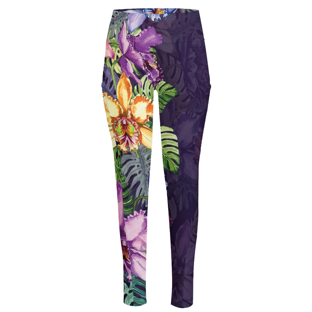 Colorful Watercolor Cattleya Print High-Waisted Pocket Leggings