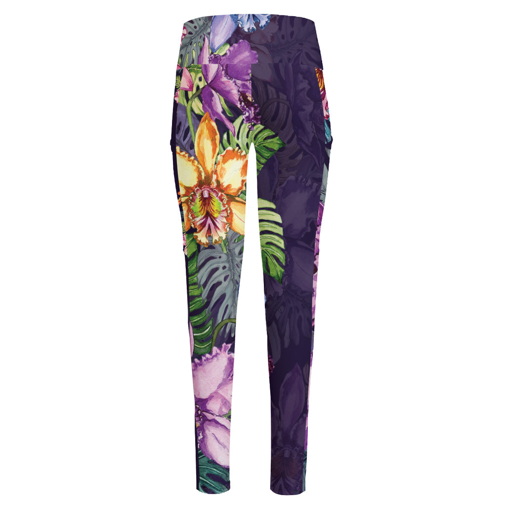 Colorful Watercolor Cattleya Print High-Waisted Pocket Leggings