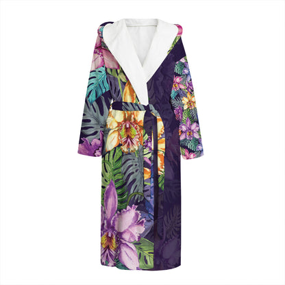 Colorful Watercolor Cattleya Print Hooded Bathrobe