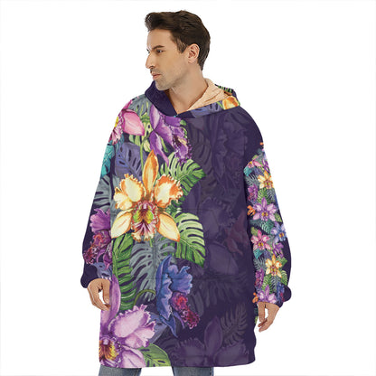 Colorful Watercolor Cattleya Print Hoodie Blanket