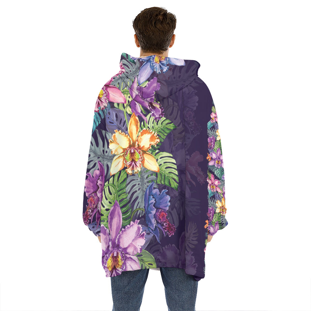Colorful Watercolor Cattleya Print Hoodie Blanket