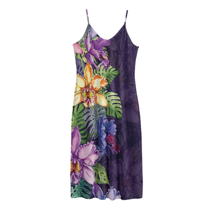 Colorful Watercolor Cattleya Print Jersey Midi Cami Dress