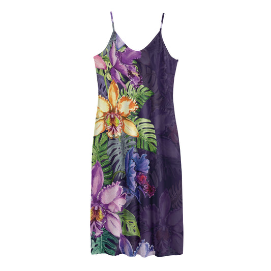 Colorful Watercolor Cattleya Print Jersey Midi Cami Dress
