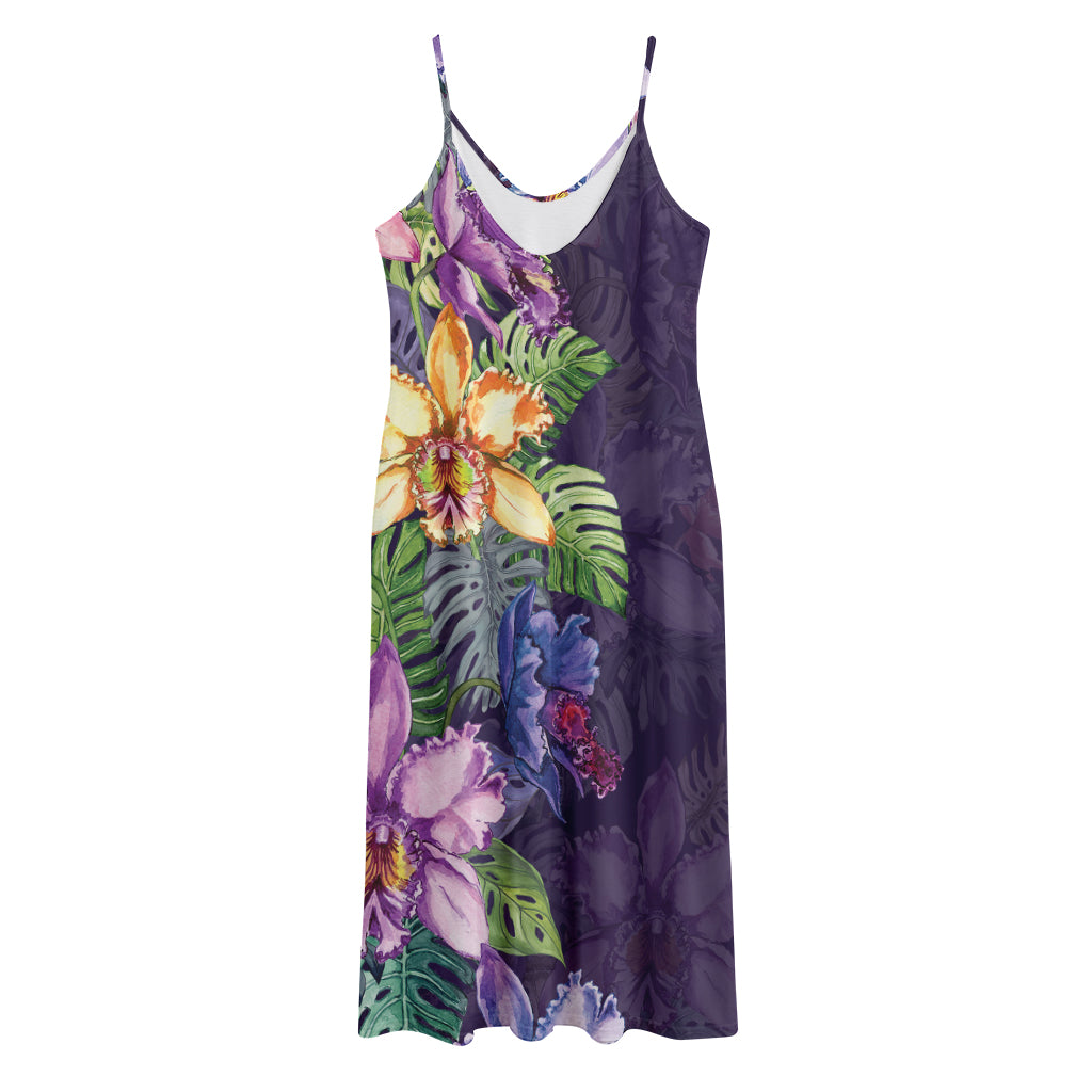 Colorful Watercolor Cattleya Print Jersey Midi Cami Dress