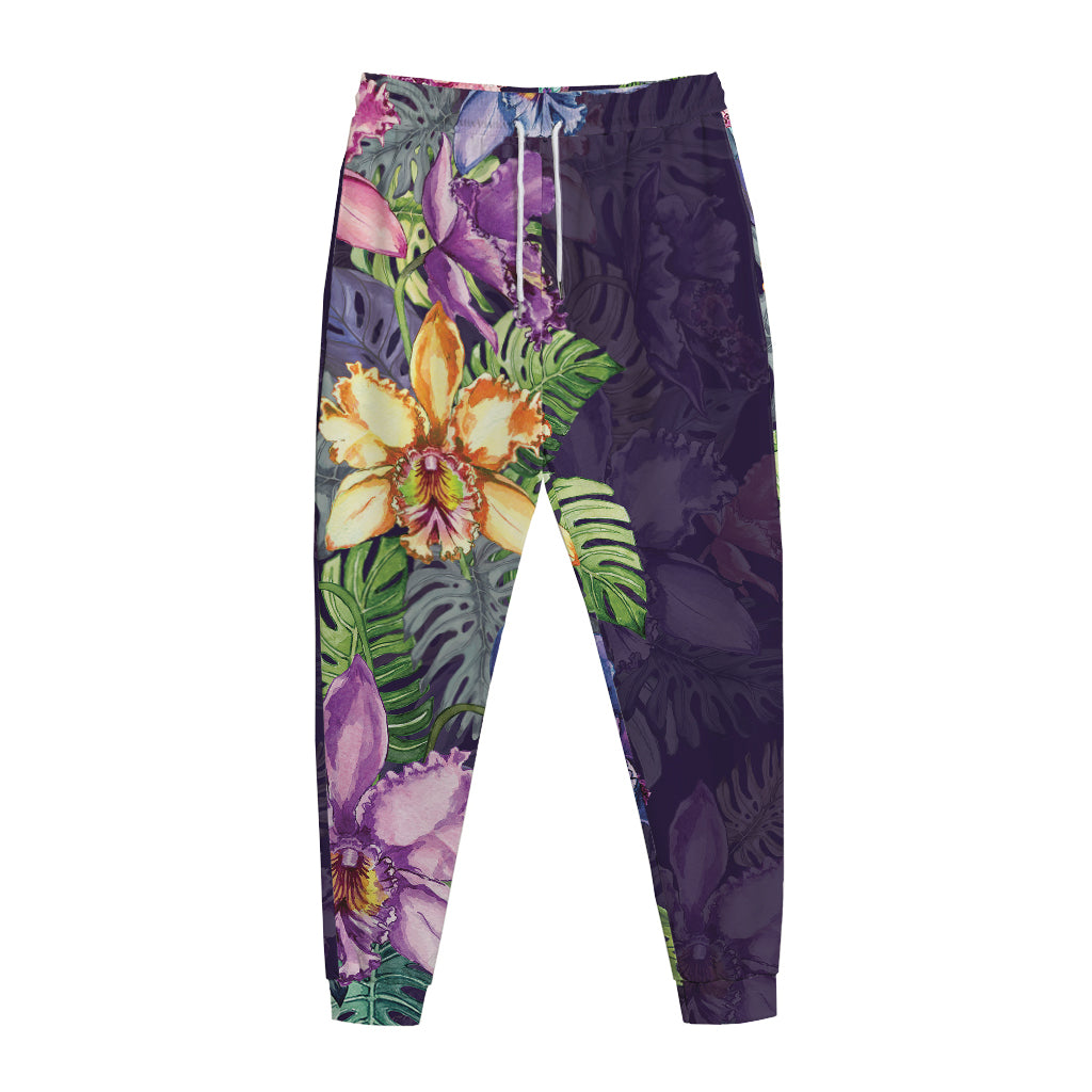 Colorful Watercolor Cattleya Print Jogger Pants