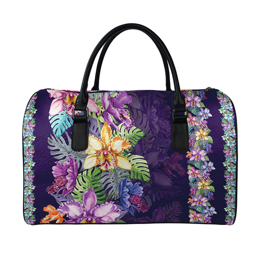 Colorful Watercolor Cattleya Print Leather Duffle Bag