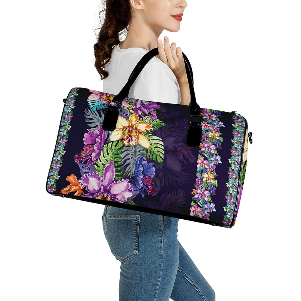 Colorful Watercolor Cattleya Print Leather Duffle Bag