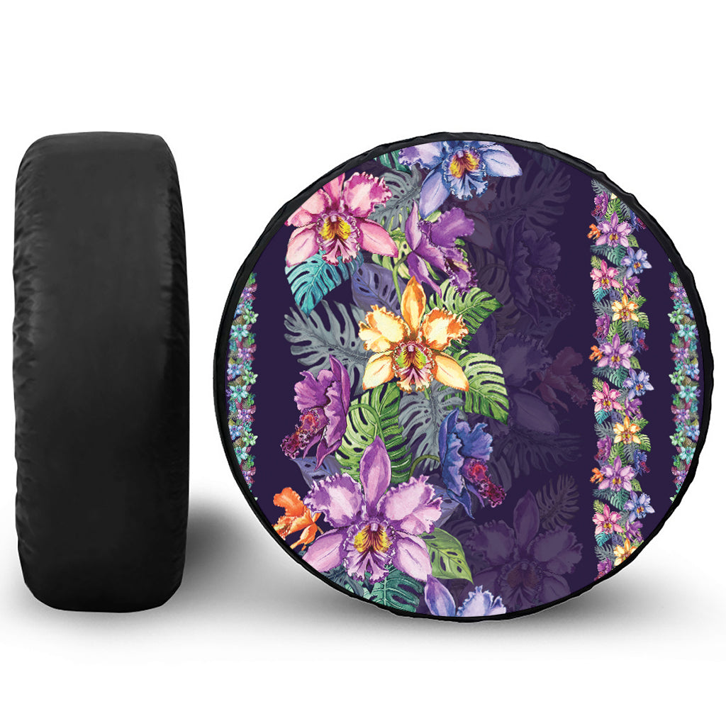 Colorful Watercolor Cattleya Print Leather Spare Tire Cover