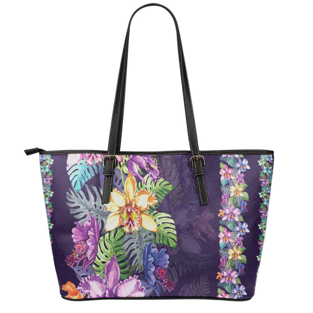 Colorful Watercolor Cattleya Print Leather Tote Bag