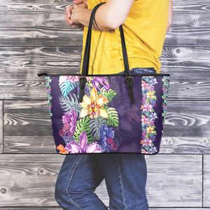 Colorful Watercolor Cattleya Print Leather Tote Bag