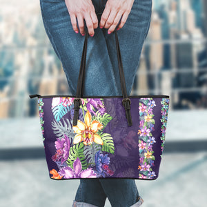 Colorful Watercolor Cattleya Print Leather Tote Bag