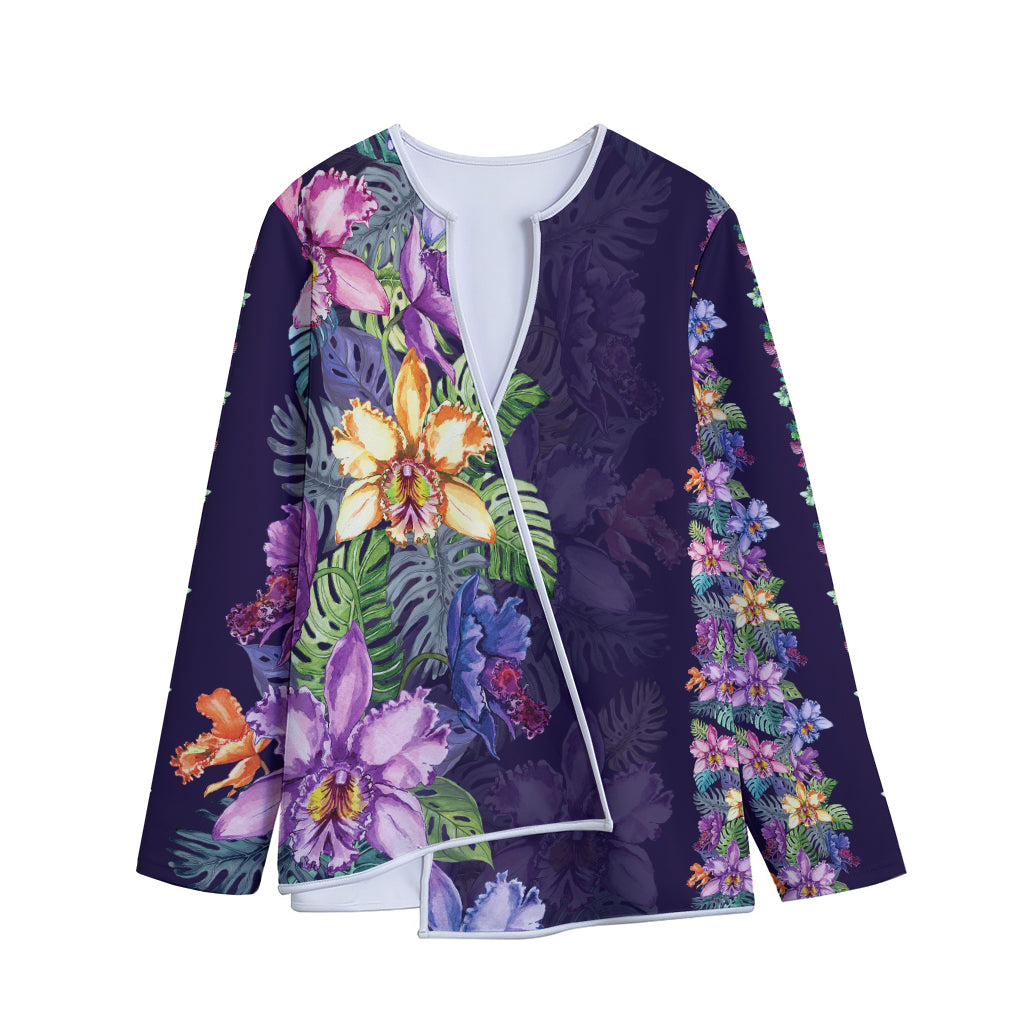 Colorful Watercolor Cattleya Print Long Sleeve Short Coat