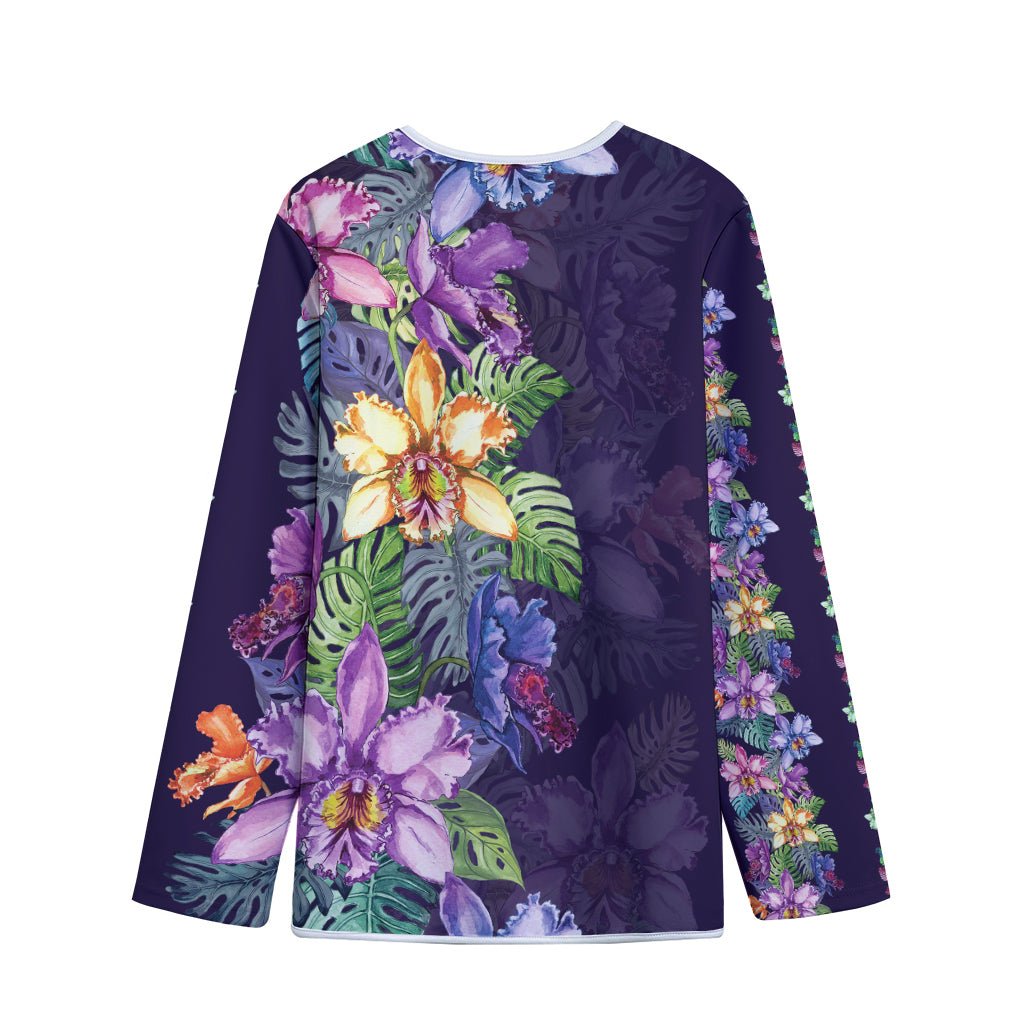 Colorful Watercolor Cattleya Print Long Sleeve Short Coat