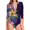 Colorful Watercolor Cattleya Print Long Sleeve Swimsuit