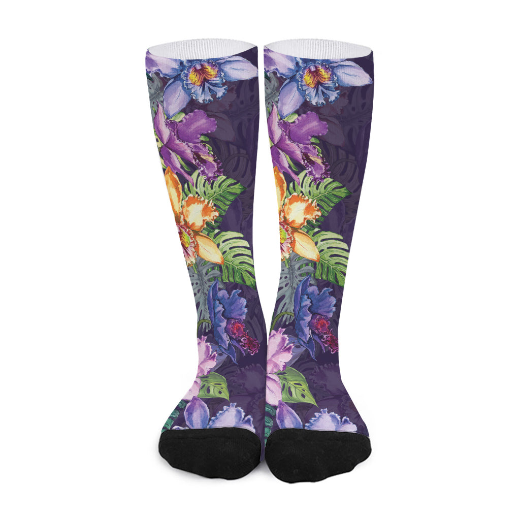 Colorful Watercolor Cattleya Print Long Socks