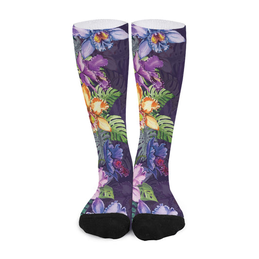 Colorful Watercolor Cattleya Print Long Socks