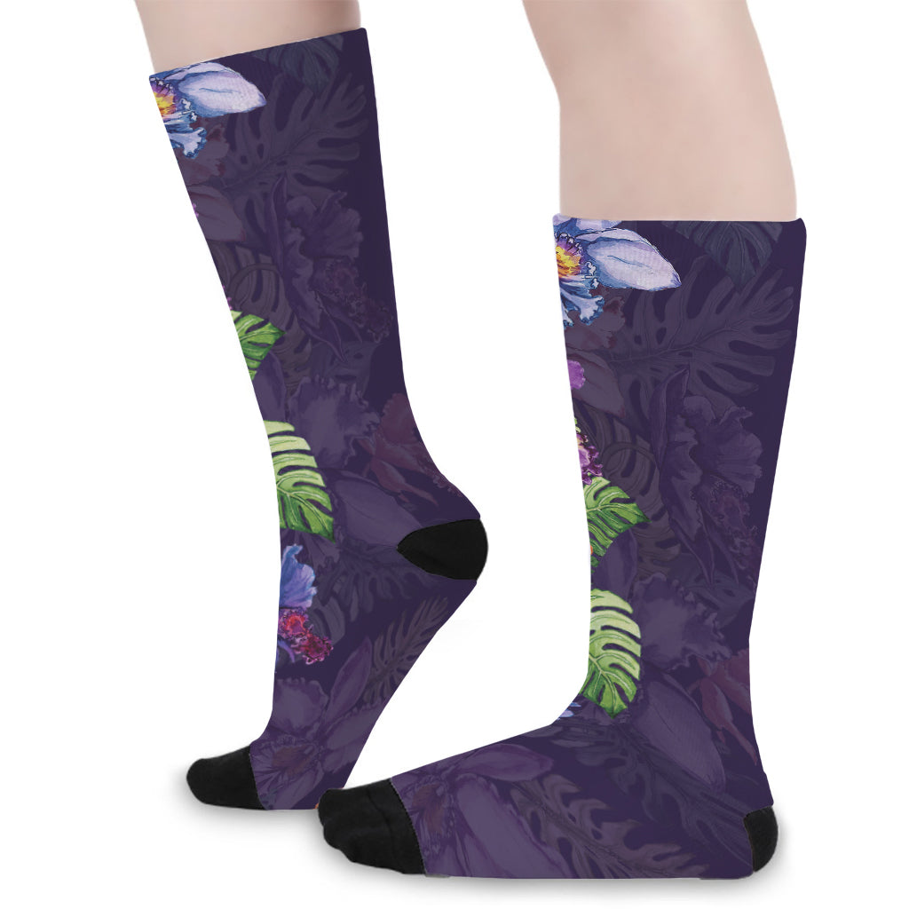 Colorful Watercolor Cattleya Print Long Socks