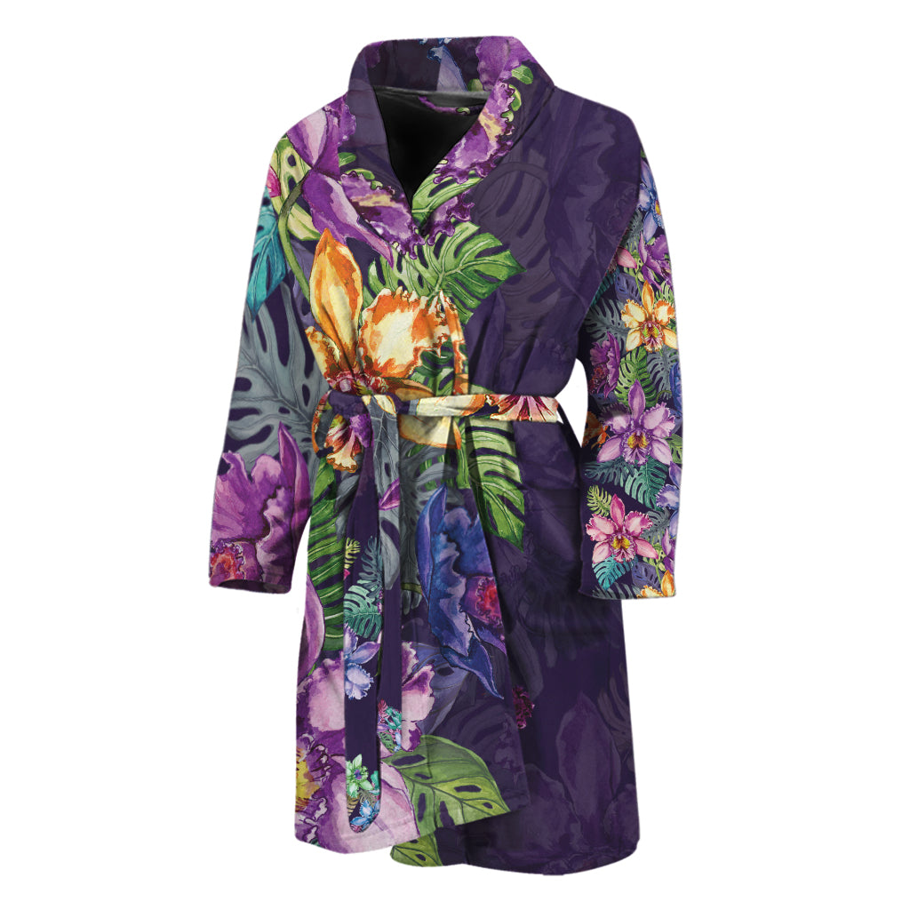 Colorful Watercolor Cattleya Print Men's Bathrobe