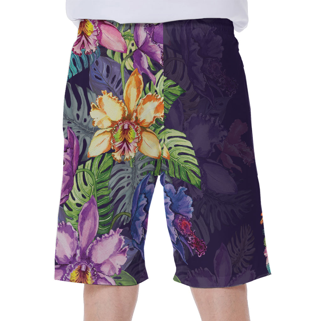 Colorful Watercolor Cattleya Print Men's Beach Shorts