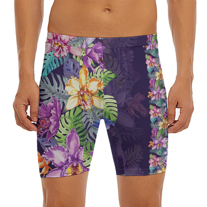 Colorful Watercolor Cattleya Print Men's Long Boxer Briefs