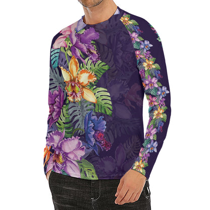 Colorful Watercolor Cattleya Print Men's Long Sleeve Rash Guard
