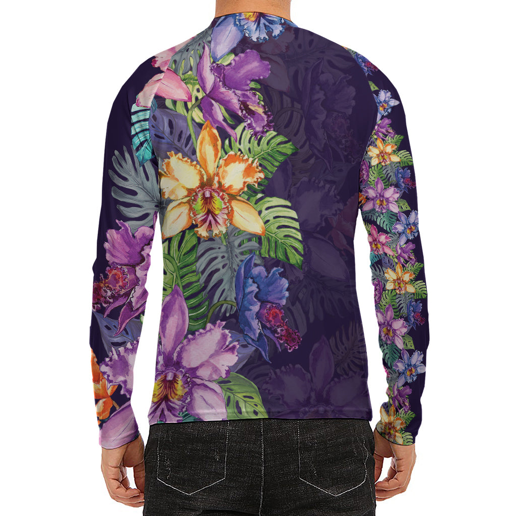 Colorful Watercolor Cattleya Print Men's Long Sleeve Rash Guard