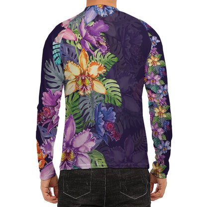 Colorful Watercolor Cattleya Print Men's Long Sleeve Rash Guard
