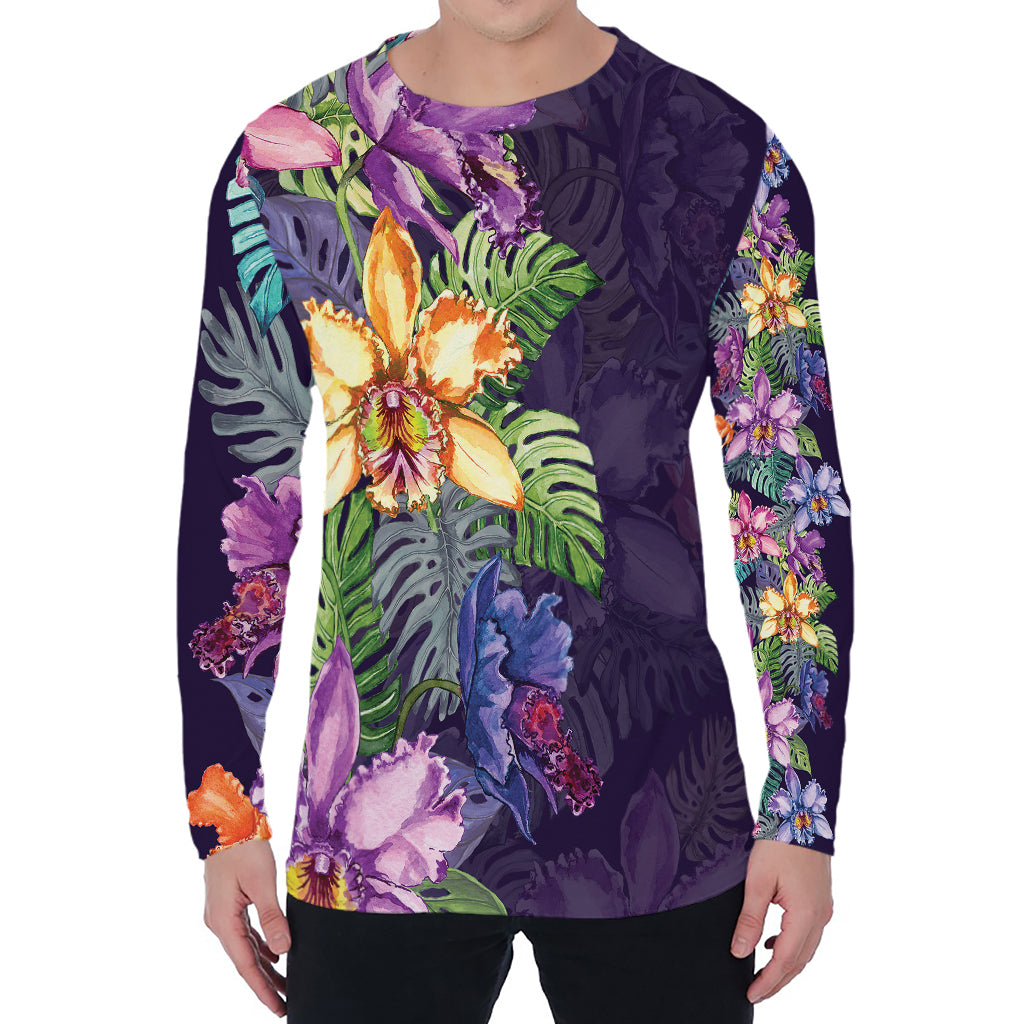 Colorful Watercolor Cattleya Print Men's Long Sleeve T-Shirt