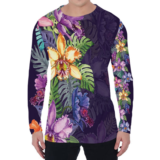 Colorful Watercolor Cattleya Print Men's Long Sleeve T-Shirt