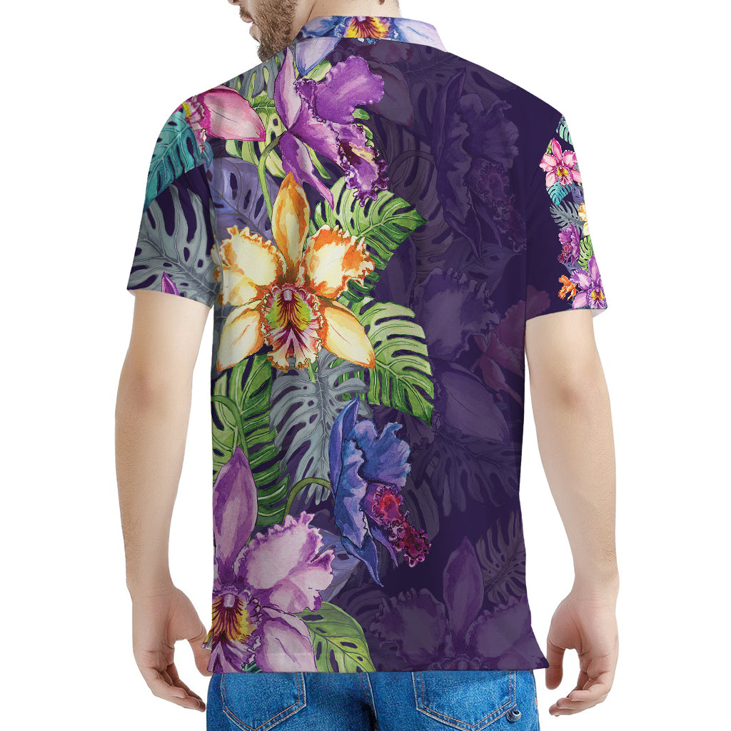 Colorful Watercolor Cattleya Print Men's Polo Shirt