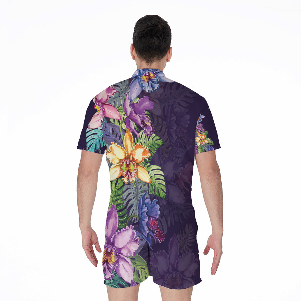 Colorful Watercolor Cattleya Print Men's Rompers