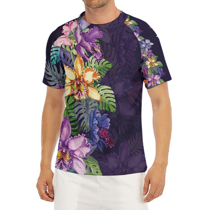 Colorful Watercolor Cattleya Print Men's Short Sleeve Rash Guard