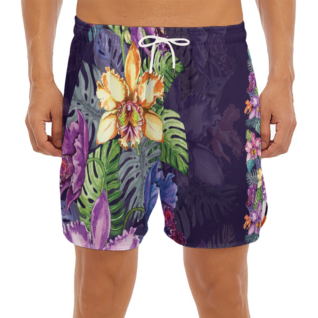 Colorful Watercolor Cattleya Print Men's Split Running Shorts
