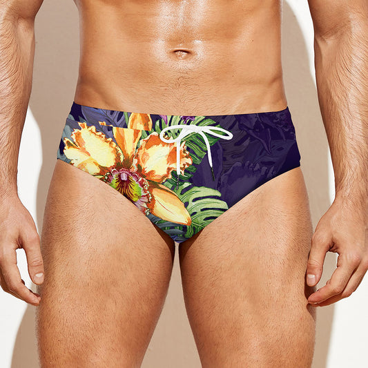 Colorful Watercolor Cattleya Print Men's Swim Briefs