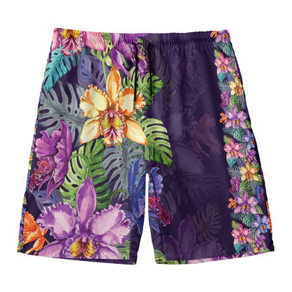 Colorful Watercolor Cattleya Print Men's Swim Trunks