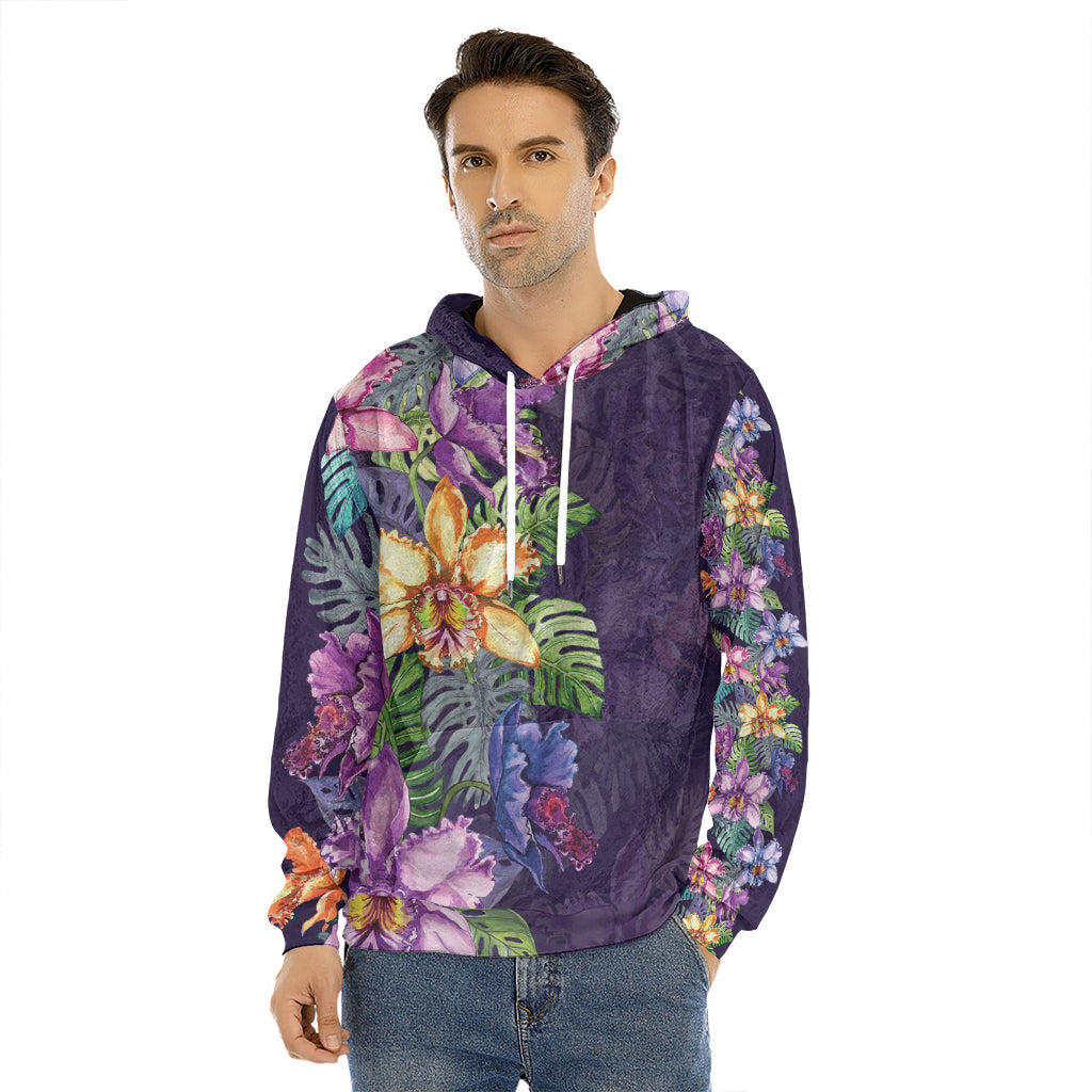 Colorful Watercolor Cattleya Print Men's Velvet Pullover Hoodie