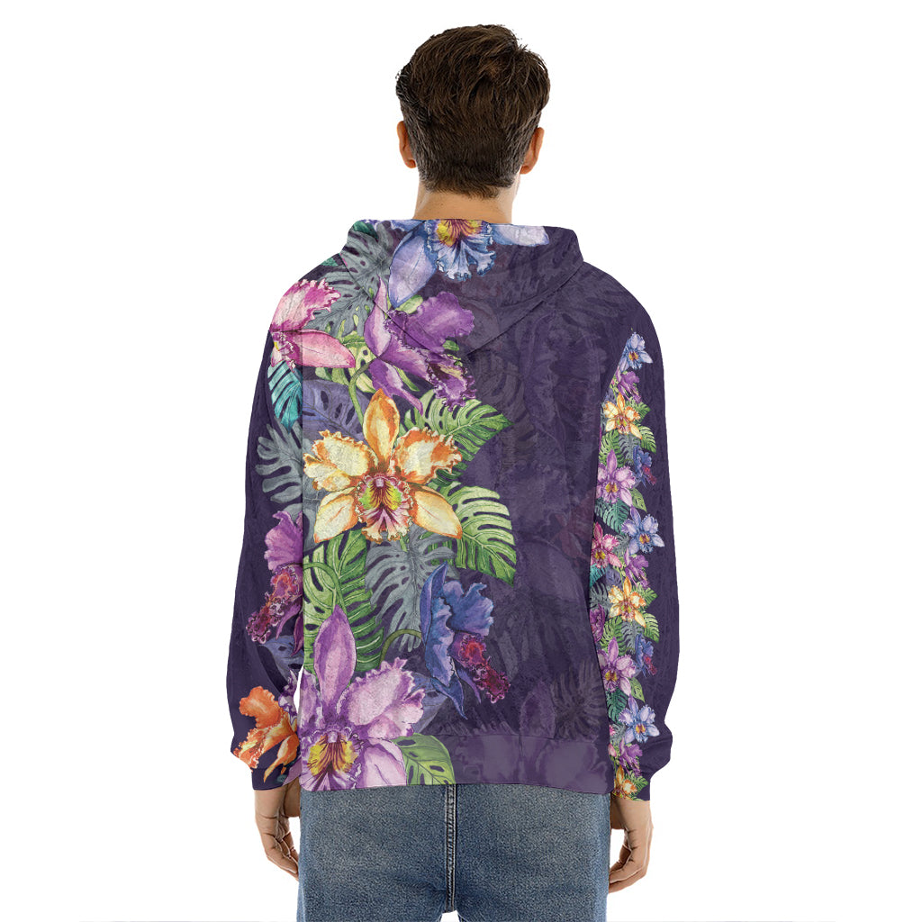 Colorful Watercolor Cattleya Print Men's Velvet Pullover Hoodie