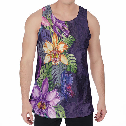 Colorful Watercolor Cattleya Print Men's Velvet Tank Top