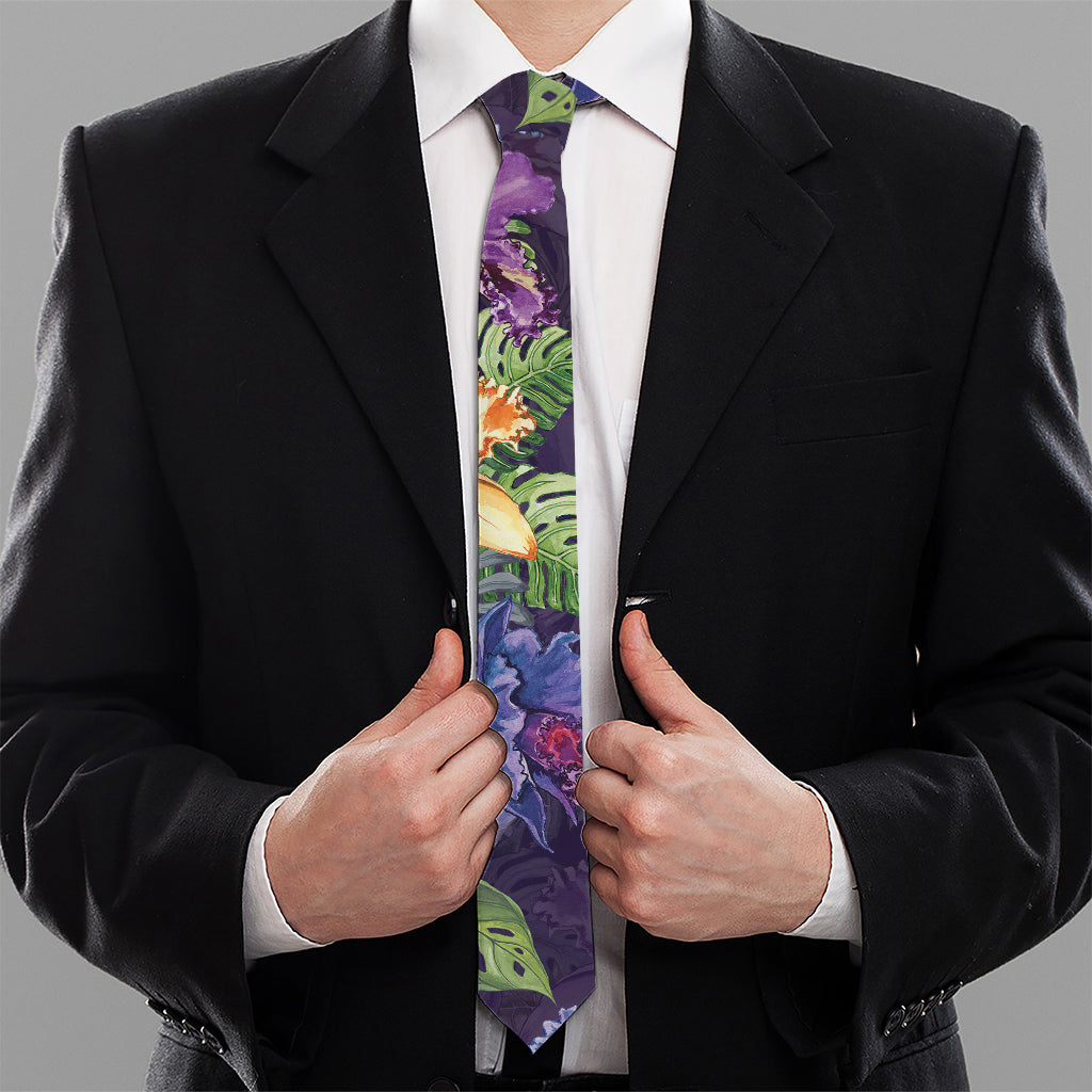 Colorful Watercolor Cattleya Print Necktie