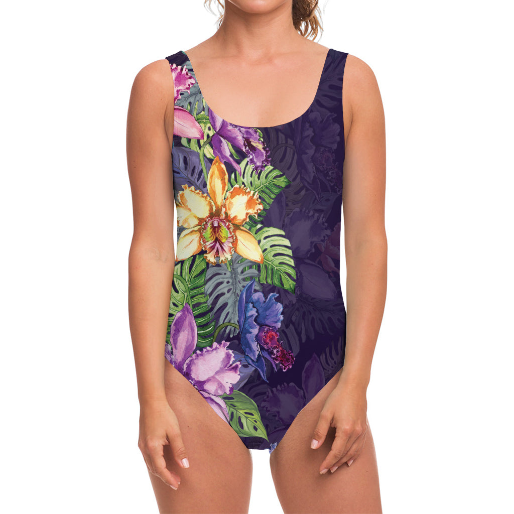 Colorful Watercolor Cattleya Print One Piece Swimsuit