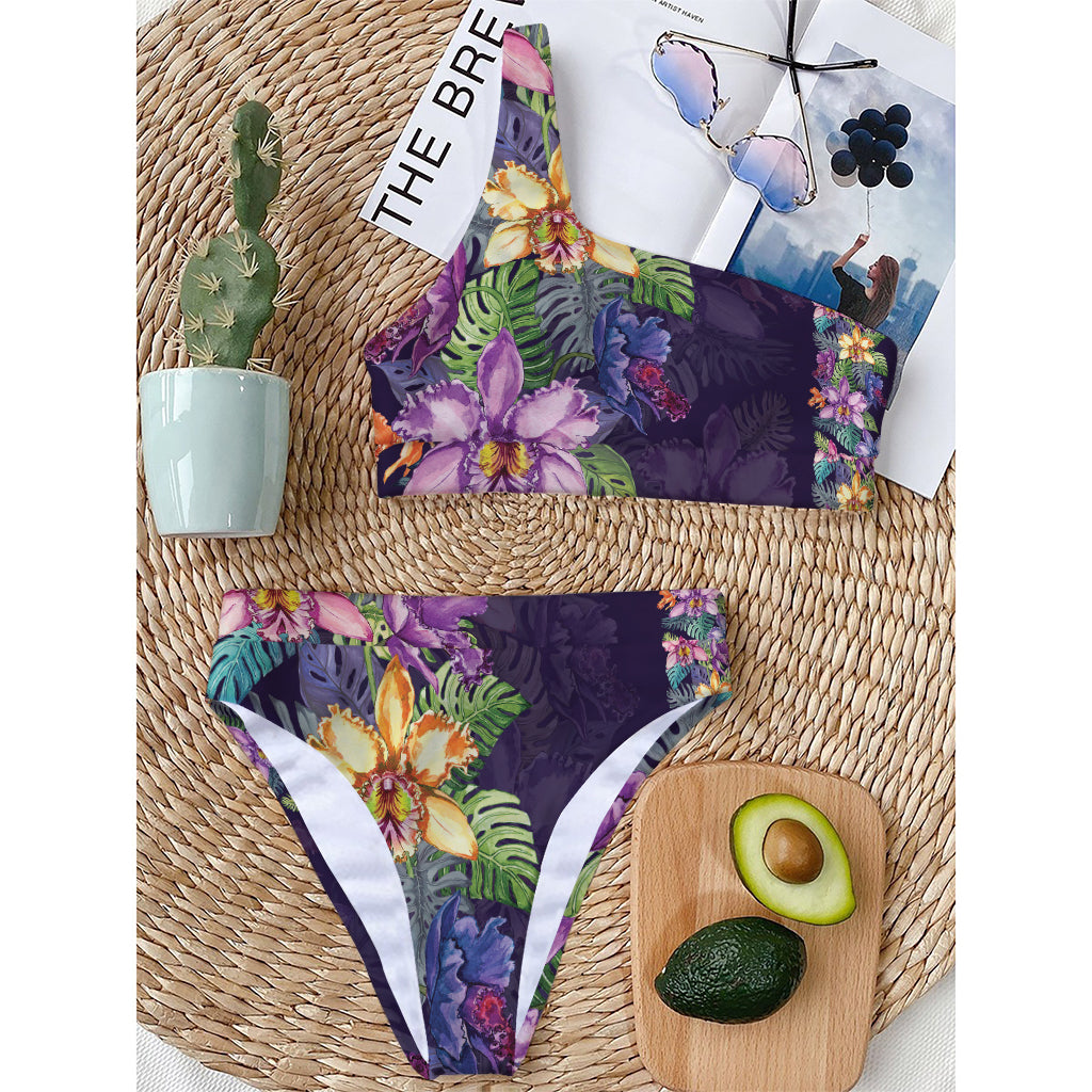 Colorful Watercolor Cattleya Print One Shoulder Bikini Top