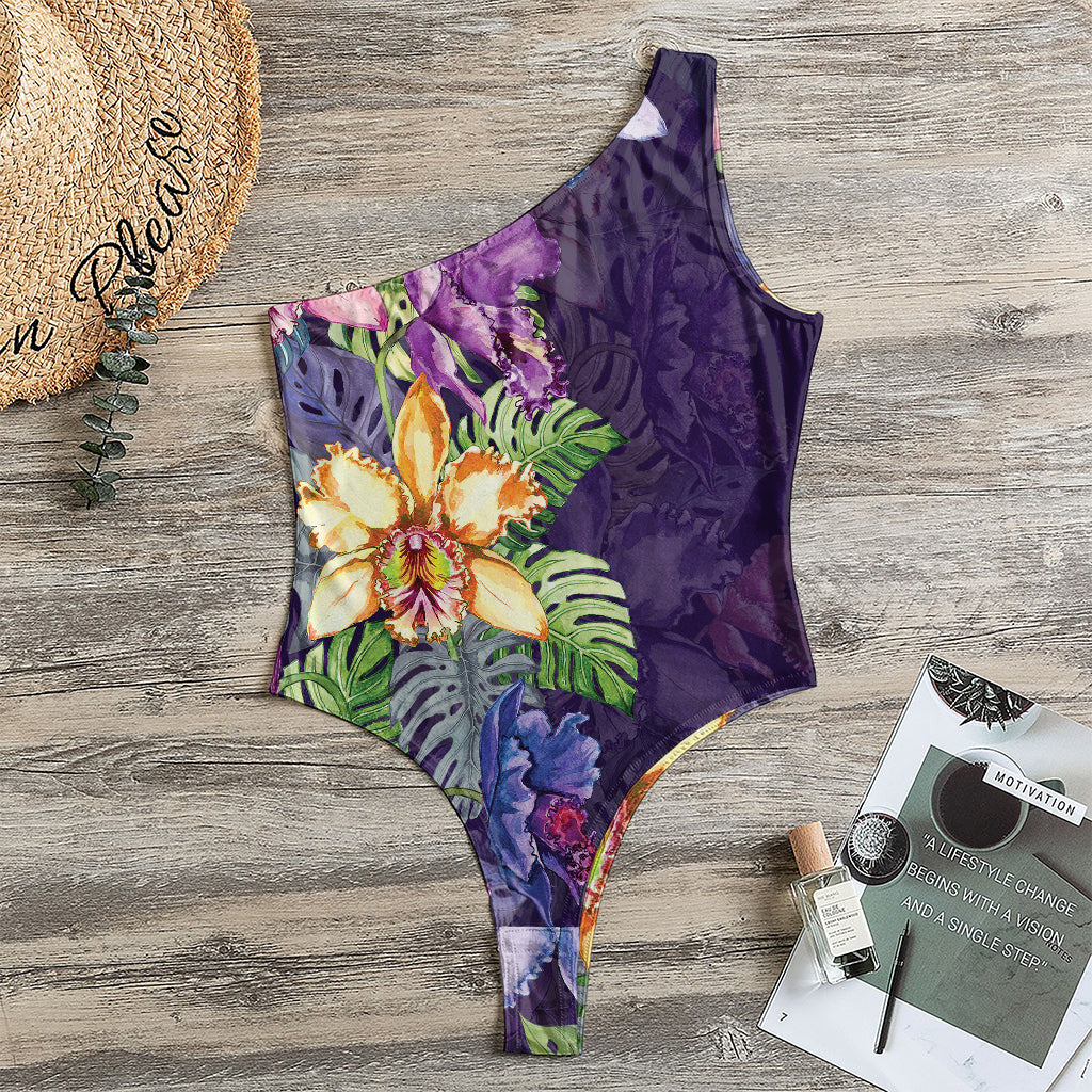 Colorful Watercolor Cattleya Print One Shoulder Bodysuit