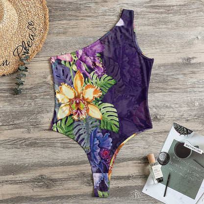 Colorful Watercolor Cattleya Print One Shoulder Bodysuit