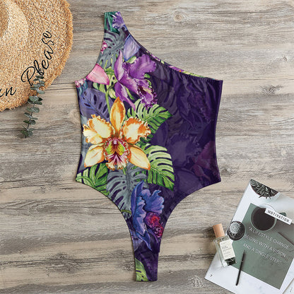 Colorful Watercolor Cattleya Print One Shoulder Bodysuit