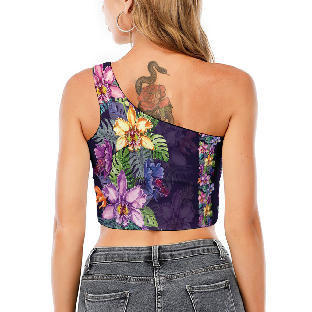 Colorful Watercolor Cattleya Print One Shoulder Crop Top