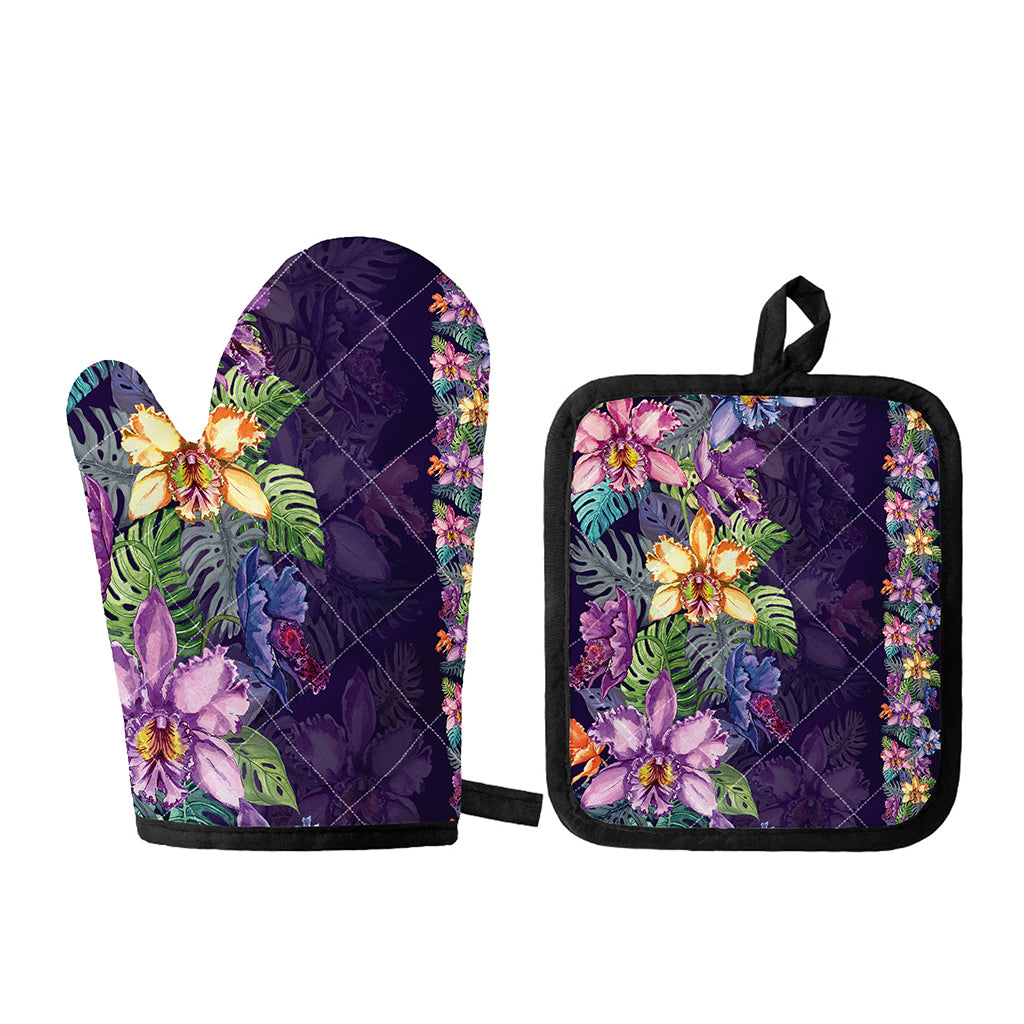 Colorful Watercolor Cattleya Print Oven Mitt And Pot Holder Set