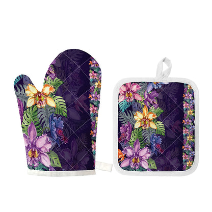 Colorful Watercolor Cattleya Print Oven Mitt And Pot Holder Set