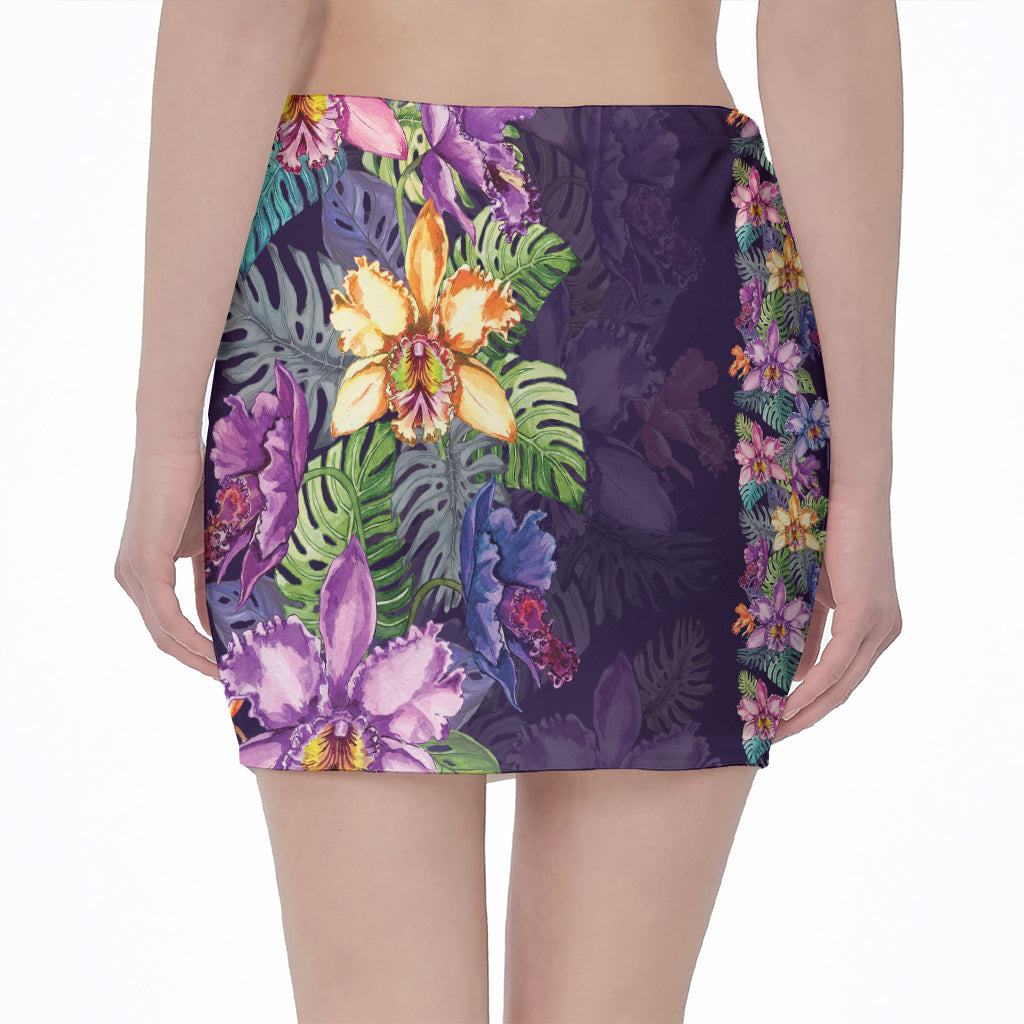Colorful Watercolor Cattleya Print Pencil Mini Skirt